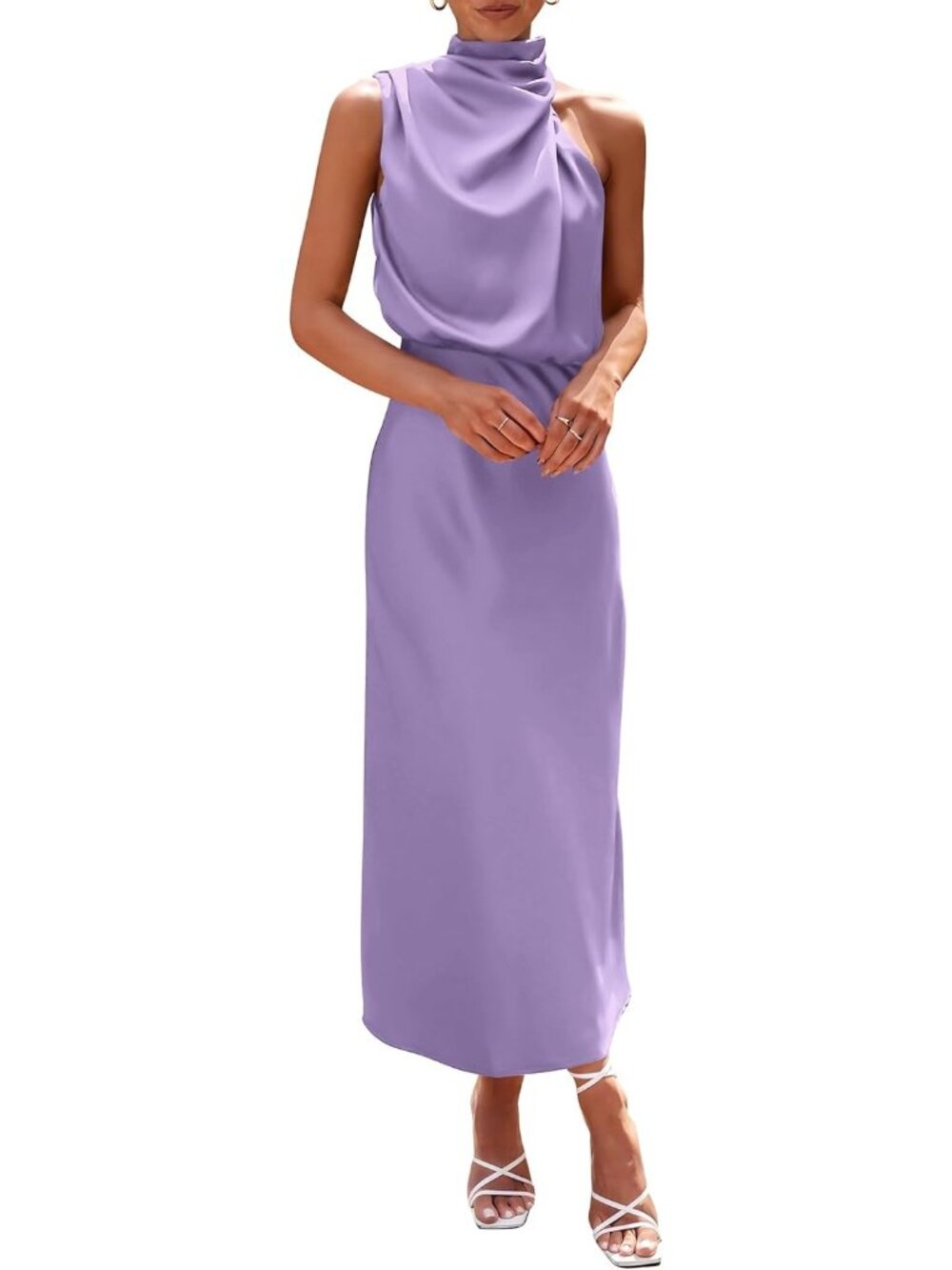 Women's Summer Satin Purple Sleeveless Mock Neck Cocktail Party Maxi Dress